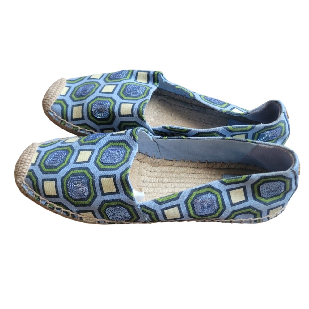 Tory Burch Women Espadrille Flats 9.5 Blue Geometric Sequin Canvas Coastal Slip